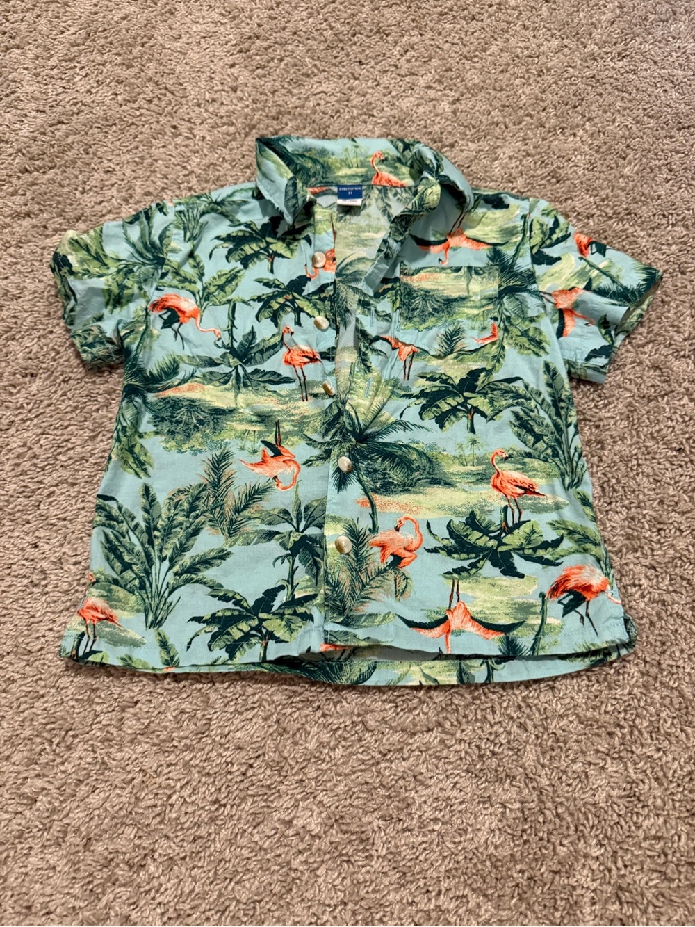 Old Navy Light Aqua Flamingo & Tropical Print Short Sleeve Button-Up